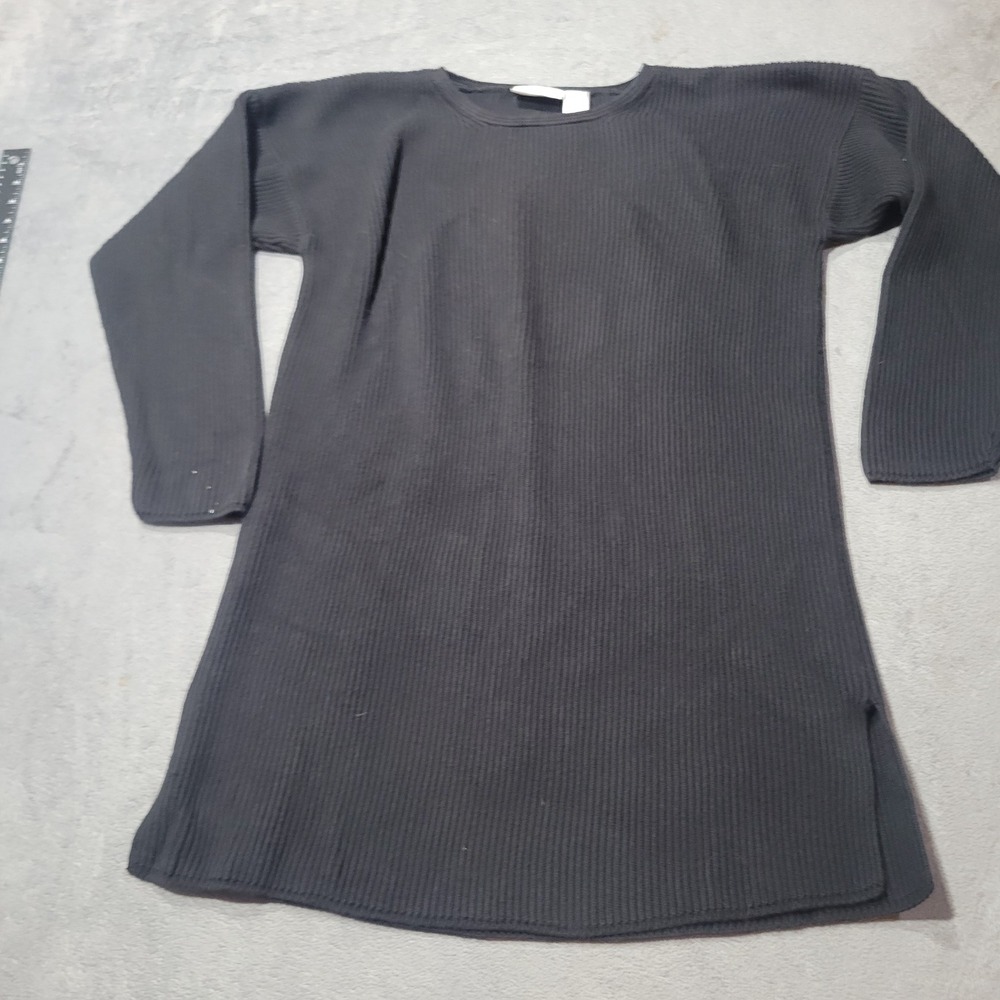 Nordstrom Tunic Sweater Women Black Cotton Ribbed Knit Side Slit Long Minimalist